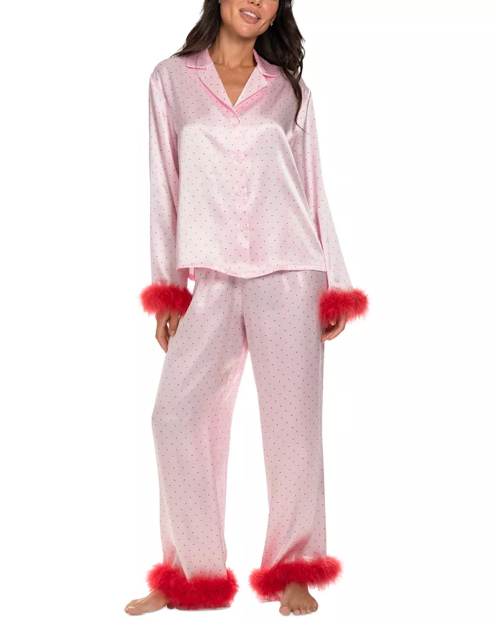 Linea Donatella Marabou Faux-Fur Trimmed Pajama Set Medium Pink Love Heart Print